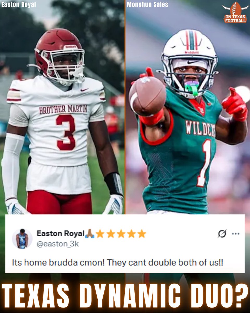#Longhorns WR commit Easton Royal, the nation’s No. 2 ranked receiver, gives his recruiting pitch to No. 1 ranked WR Monshun Sales. 

Sales will officially visit #Texas June 5th-7th.