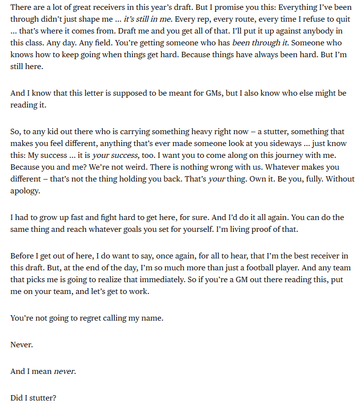 MattInfante's tweet photo. This letter by KC Concepcion is absolutely fantastic -- and the closing is STRONG. 

Does it make much of a difference as to where he gets drafted? Probably not.

But like he said, it's not just for the GMs. https://t.co/NPsw43oS5f
