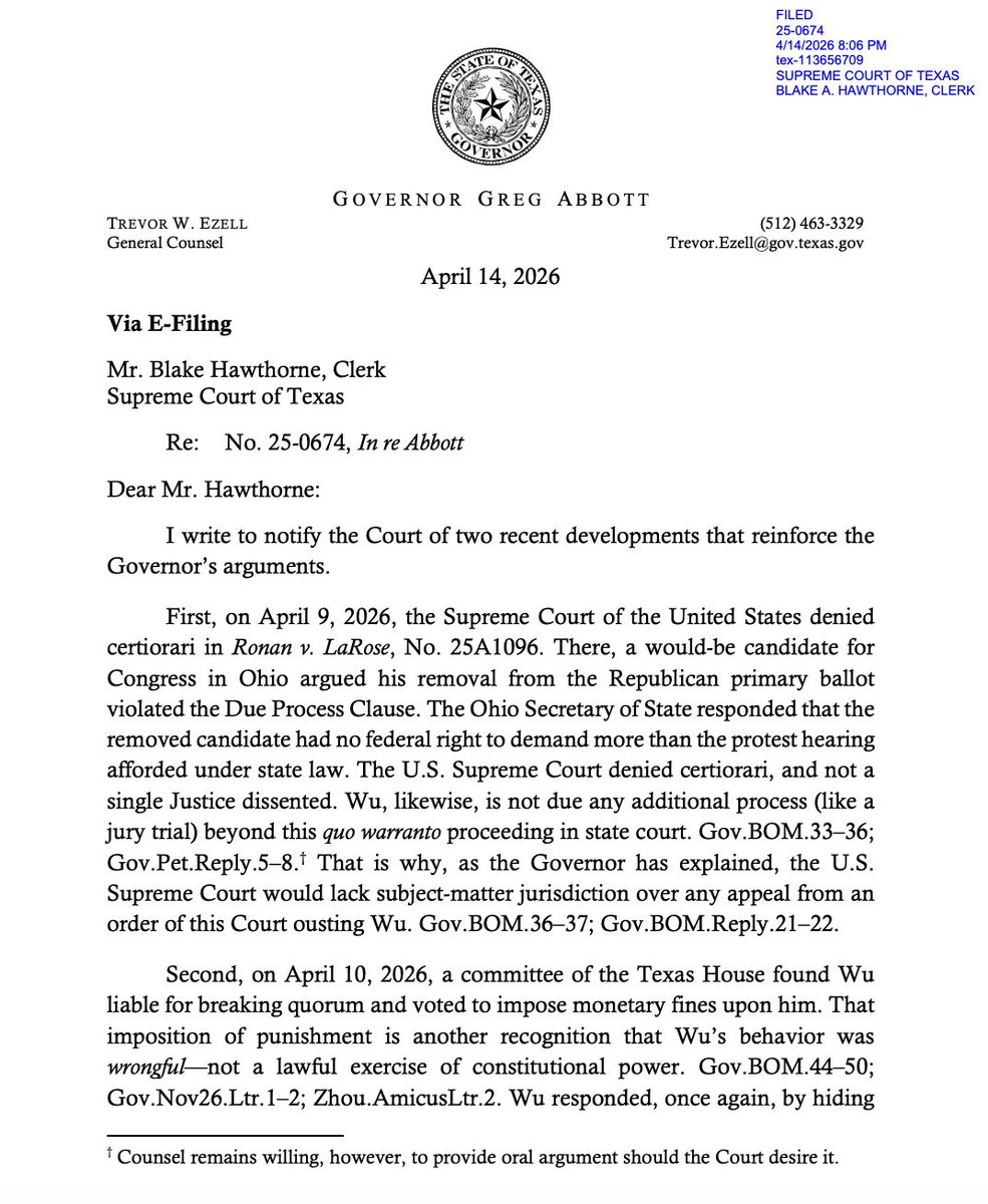 bradj_TX's tweet image. .@GregAbbott_TX's general counsel Trevor Ezell submitted the following letter in the lingering quo warranto case against @GeneforTexas, asking the court to declare Wu's seat vacant bc of the quorum break. #txlege 

Ezell refers to Wu's comments about the recent $8k House Admin