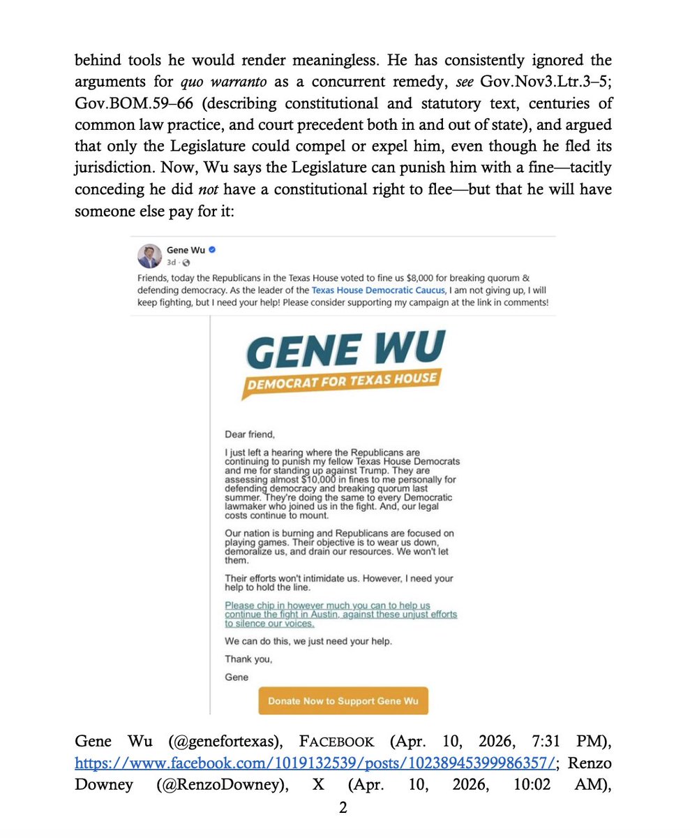 bradj_TX's tweet image. .@GregAbbott_TX's general counsel Trevor Ezell submitted the following letter in the lingering quo warranto case against @GeneforTexas, asking the court to declare Wu's seat vacant bc of the quorum break. #txlege 

Ezell refers to Wu's comments about the recent $8k House Admin