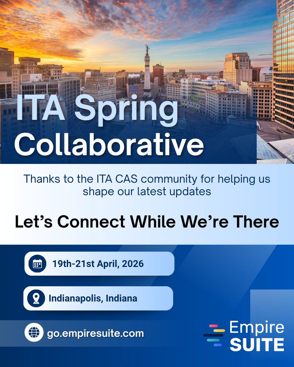 EmpireSUITE's tweet image. Looking forward to the @TodayITA Spring Collaborative in Indianapolis this Sunday–Tuesday.

Conversations with ITA’s CAS community have helped shape recent enhancements.

Excited to connect with peers 
#ITA #CAS
