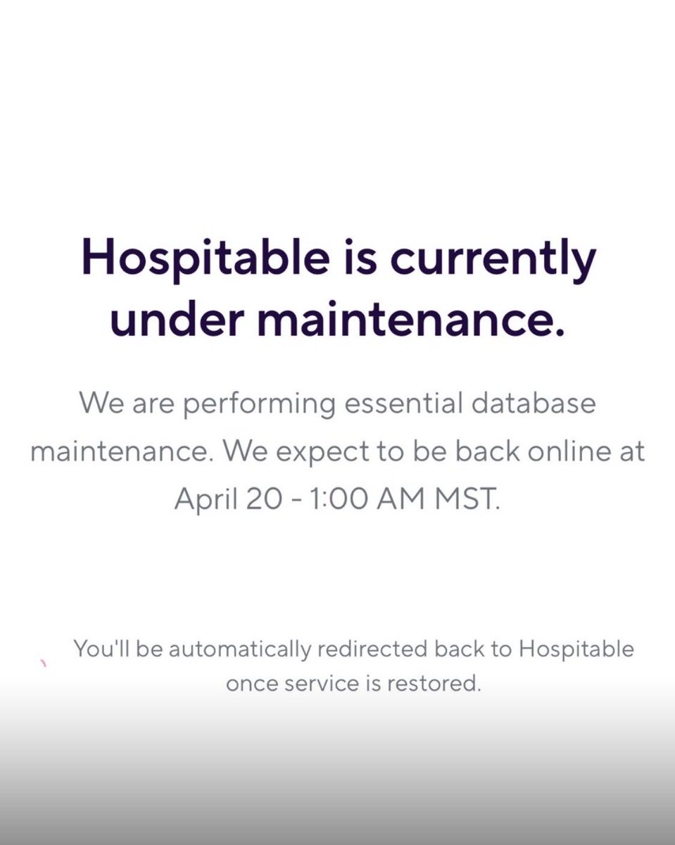 PatBateman23's tweet photo. Did @hospitable get hacked ? Why would you do a 4–day maintenance windows otherwise @IntCyberDigest https://t.co/c6z3cPDalX
