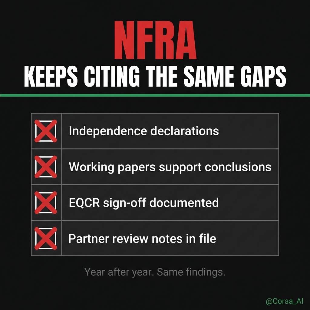 Coraa_AI's tweet photo. NFRA inspection reports. Same citations every time:

Declarations missing. Working papers in https://t.co/yUwiDkKiAR