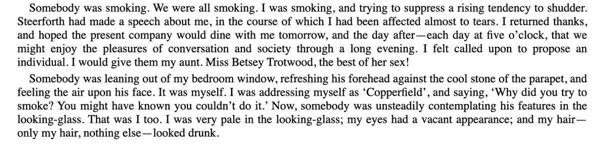 bartlebytaco's tweet photo. i've been thinking about it since reading it earlier this year, but the chapter "my first dissipation" in david copperfield is perhaps the greatest depiction of youthful drunkenness in literature. and you can even read it here: https://t.co/RgFqpUt0T0 https://t.co/J5YiWLMlrM