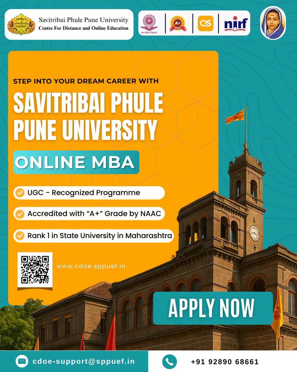 sppuonline's tweet image. Step into your dream career with an Online MBA from Savitribai Phule Pune University!
UGC-recognized |NAAC A+ Accredited | Top-ranked in Maharashtra
📞 Call Now: +91 92890 68661
🌐 Apply Here: https://cdoe.sppuef

#OnlineMBA #DistanceLearning #MBAIndia #CareerGrowth #SPPU