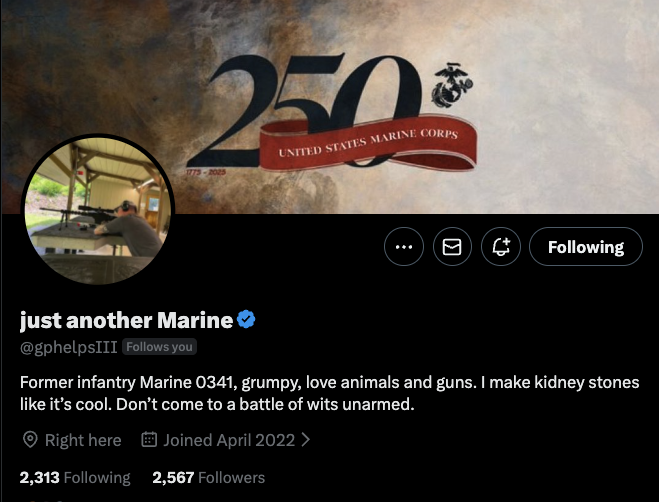 SGTWipper1Each's tweet photo. Let's support this Mortarman Marine with a few more friends. What do you say?

@gphelpsIII https://t.co/LemHDZzlWU