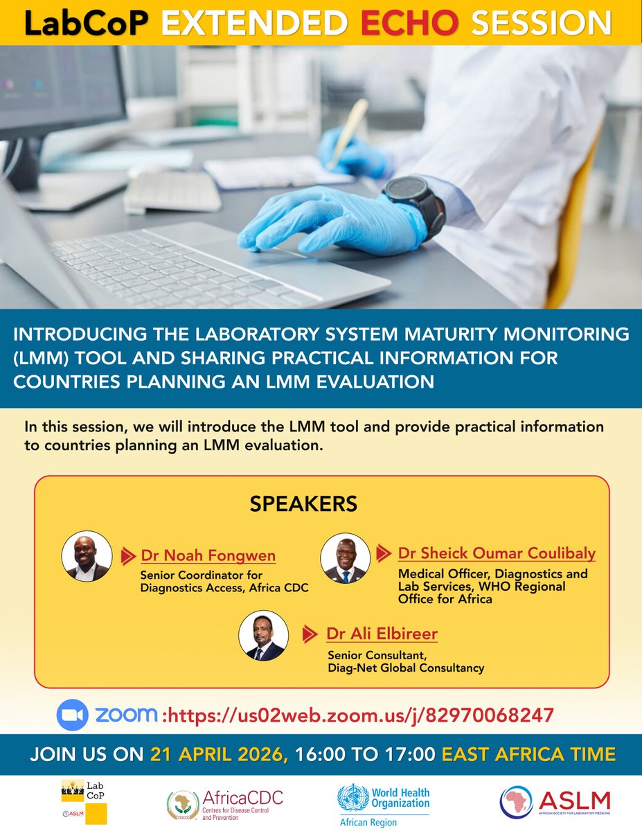 ASLM_News's tweet photo. Don't miss #LabCoP's Extended ECHO session on 21 April! In this session, we will introduce the Laboratory System Maturity Monitoring (LMM) tool and provide practical information to countries planning an LMM evaluation. Register at https://t.co/twcP1wiLR0 https://t.co/JnnfvpJeyJ