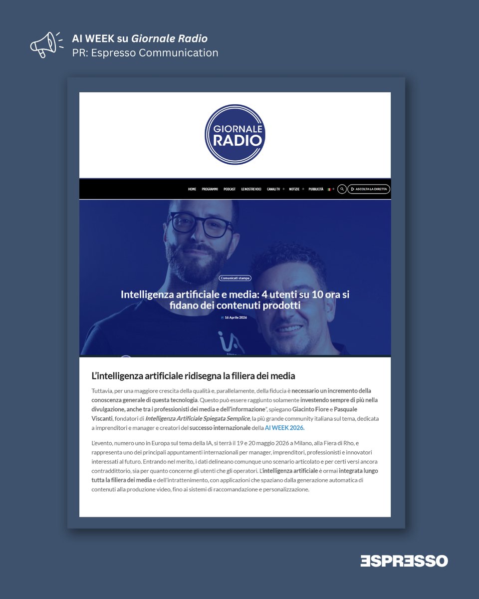 IA e media: 4 utenti su 10 ora si fidano dei contenuti prodotti dall’intelligenza artificiale, la utilizza l’80% degli operatori. Ne abbiamo parlato con gli organizzatori di #AIWEEK su <a href="/giornale_radio/">Giornale_radio_fm</a>: giornaleradio.fm/comunicati-sta….
.
PR: <a href="/espressocommpr/">Espresso Communication</a>
.
#pr #mediarelations #ai