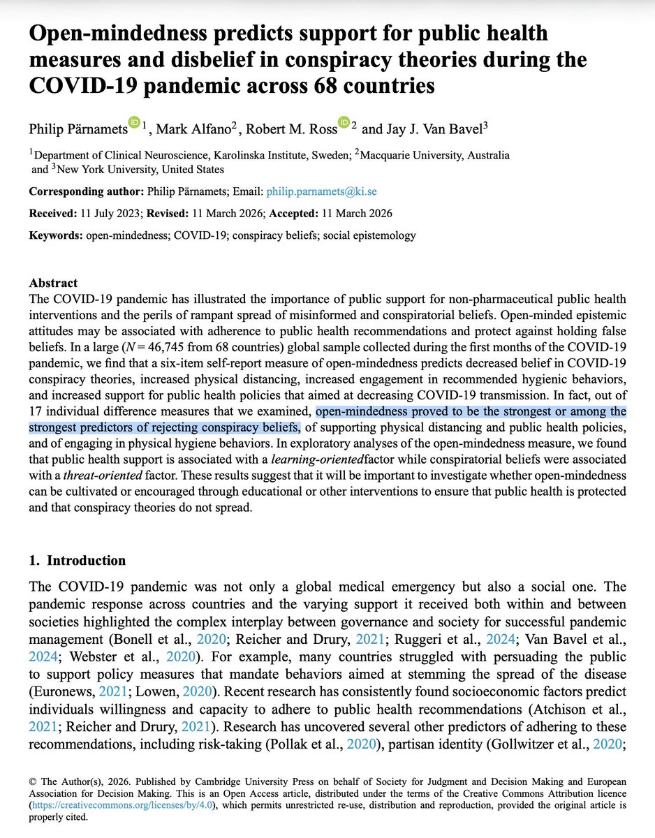 Some people argue that keeping an open-mind makes it easier to believe in conspiracy theories.

But we found the exact oppposite in our newest paper.

Open-mindedness was the strongest predictor of *rejecting* conspiracy theories in a sample of 46,745 participants around the