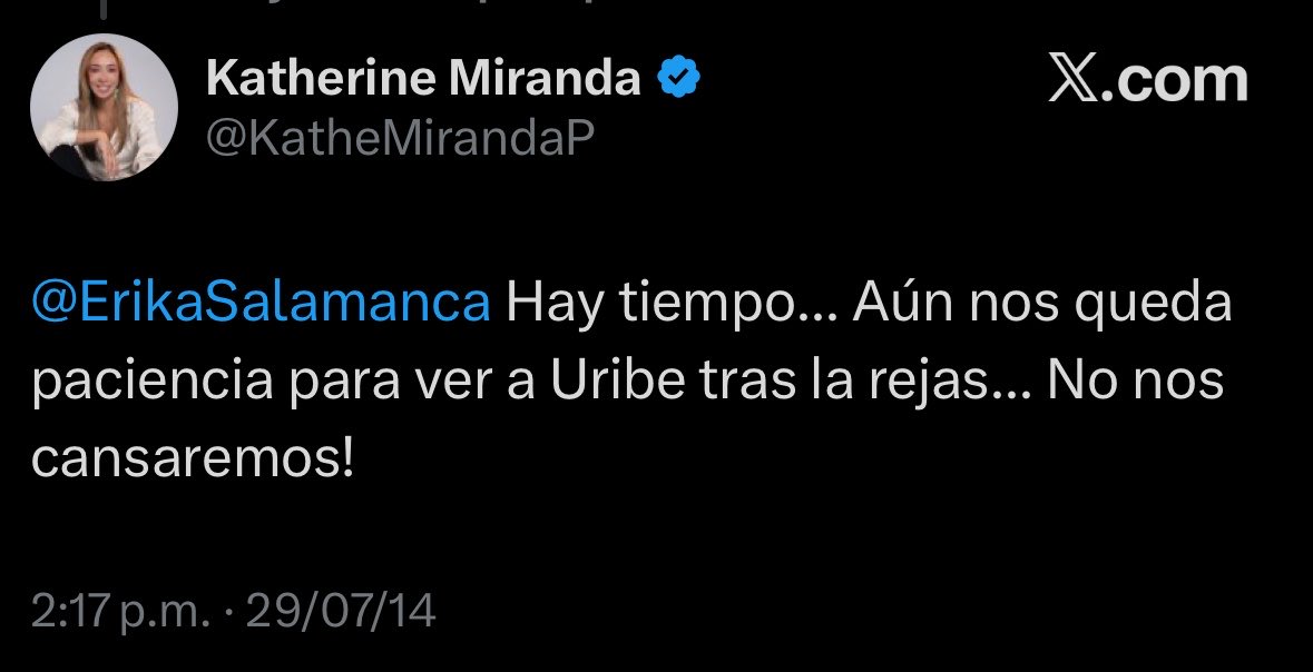 Advierto a <a href="/PalomaValenciaL/">Paloma Valencia L</a> que su nueva integrante de equipo quiere a su papá tras las rejas, dejo evidencia porque la susodicha (<a href="/KatheMirandaP/">Katherine Miranda</a>) está borrando todo rastro: