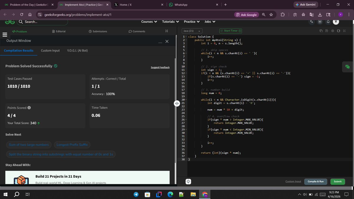 vidant92's tweet photo. Day 57 of #GFG60DaysChallenge
Solved: Implement Atoi.
@geeksforgeeks
@NPCI_NPCI
#geekstreak60 #npci https://t.co/7nboypN4sY