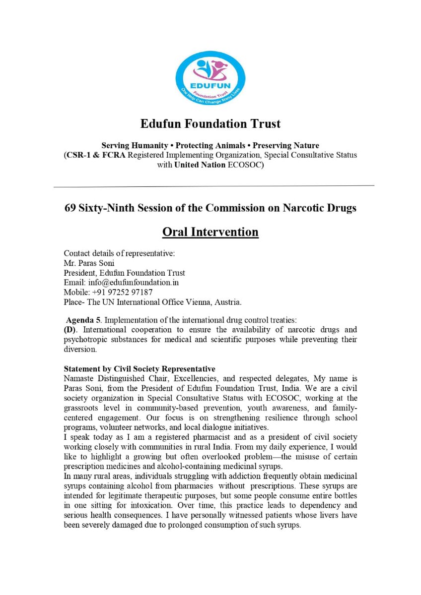 EdufunIndia's tweet image. Proud moment for Edufun Foundation Trust 🇮🇳
Delivered our Oral Intervention at #CND69, UN Vienna. Highlighted misuse of prescription medicines &amp;amp; alcohol-based syrups in rural communities and the urgent need for awareness &amp;amp; responsible use.
#DrugPolicy #PublicHealth