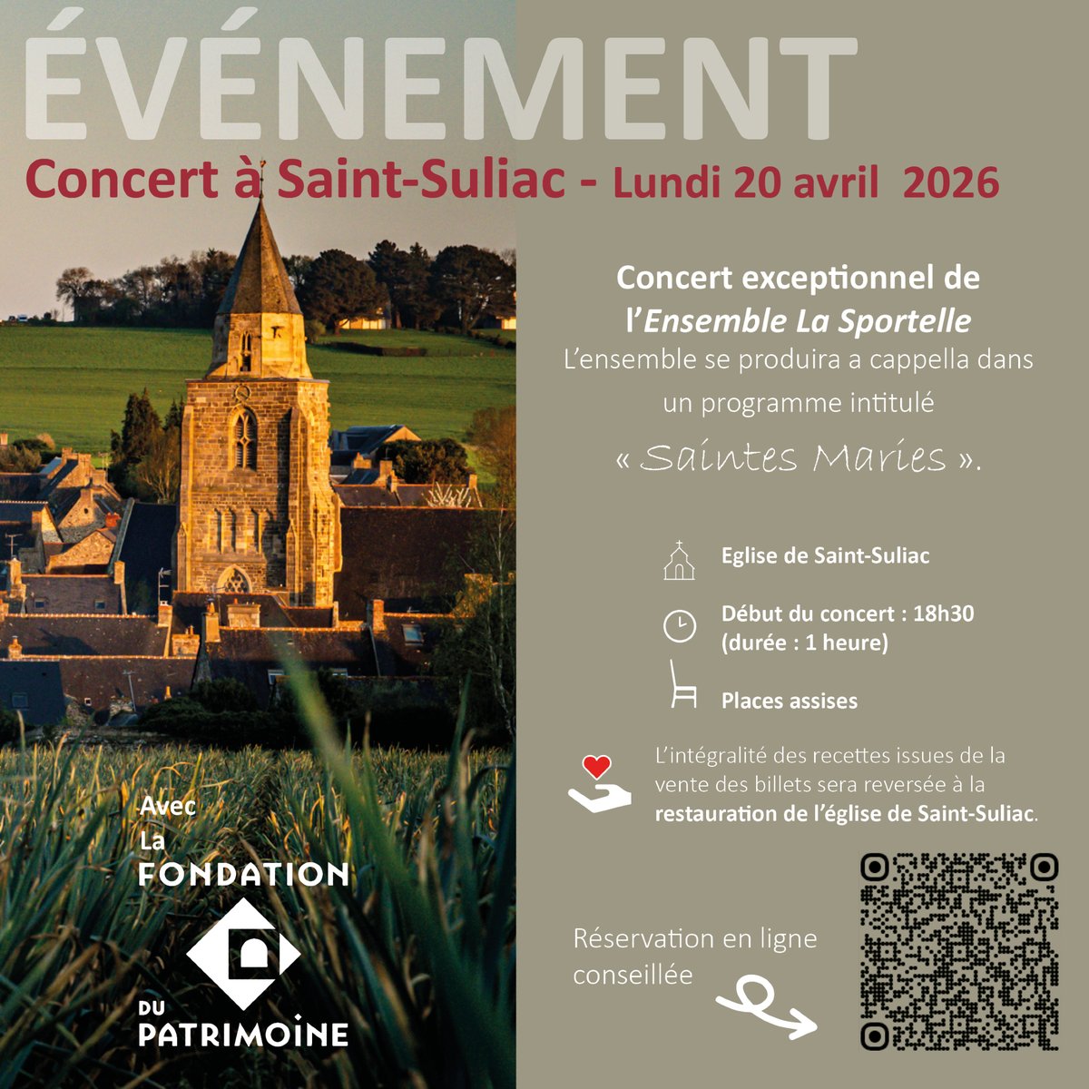 Concert exceptionnel de l’Ensemble La Sportelle,
Le 20/04/2026 à 18:30
Eglise Saint Suliac
Plongez dans un moment musical unique au cœur d’un lieu chargé d’histoire.
saintvincentdepaul-saintmalo.fr/agenda-infos-e…
