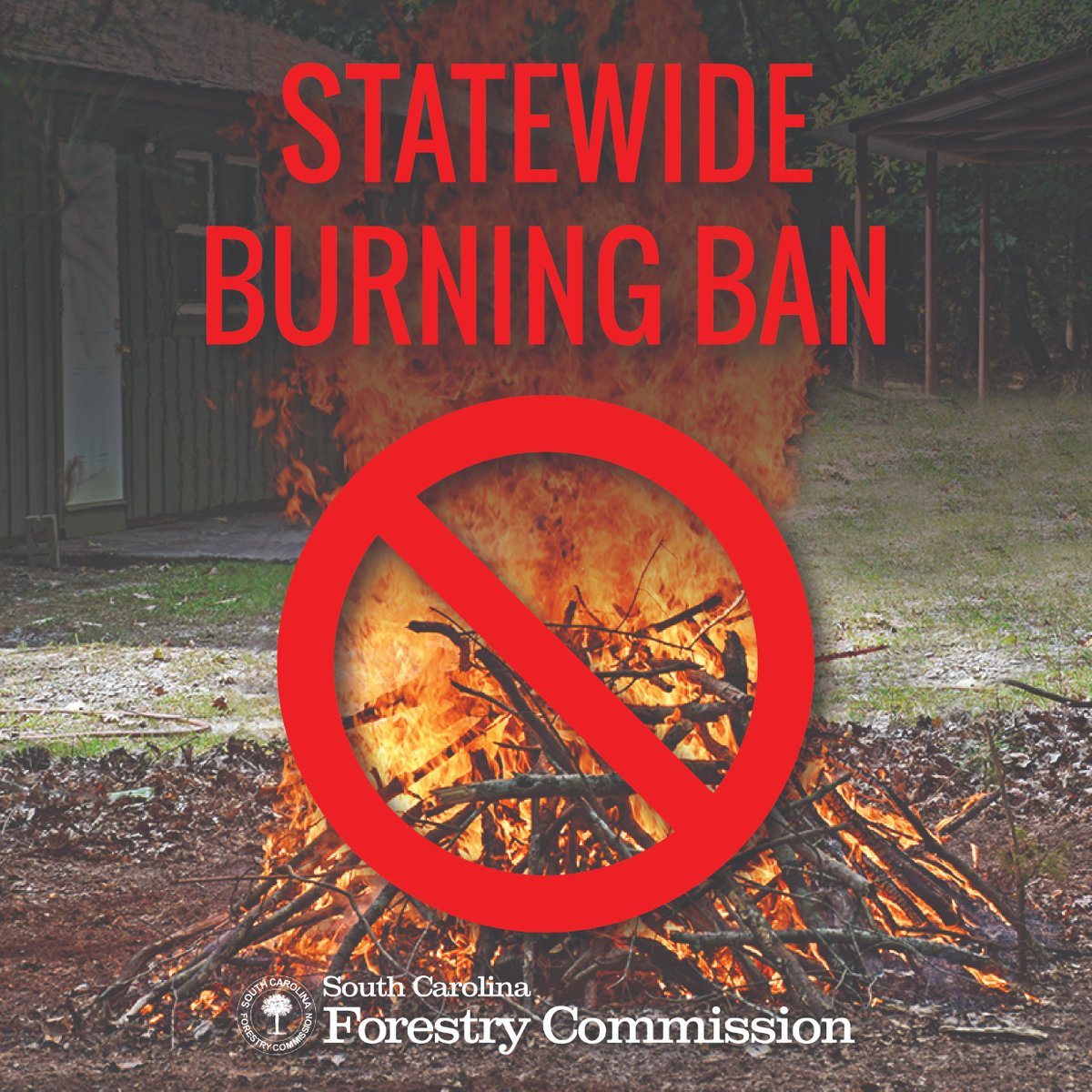 ForestryCommish's tweet photo. SC Forestry Commission to issue statewide burning ban; restriction on all outdoor burning goes into effect at 7 a.m. Friday

COLUMBIA—The South Carolina Forestry Commission is issuing a State Forester’s Burning Ban for all counties, effective at 7 a.m. Friday, April 17.

A State Forester’s Burning Ban prohibits all outdoor burning, including yard debris burning, prescribed burning, campfires, bonfires and other recreational fires in all unincorporated areas of the state.

Forestry Commission officials cite a particularly dangerous mix of elevated wildfire risk factors through the weekend that warrant limiting all ignitions in the interest of public safety.

Rapidly escalating drought conditions across the state, a critical decrease in relative humidities over the next several days and gusty winds that are expected to accompany an approaching cold front will combine to create extreme fire danger.

"When it’s this dry – energy release component values are at high-to-critical levels – we’re just as likely, if not more, to see wildfires that are fuel-driven rather than wind-driven. Add the other volatile conditions of increased wind and lower relative humidity, and it becomes an especially precarious situation,” said SCFC Fire Chief Darryl Jones. "These conditions not only increase the likelihood of wildfires igniting easily and spreading rapidly, but would also make them more difficult for firefighters to control.”

While the ban does not apply to fires used for the preparation of food or fires used in appropriate enclosures (portable outdoor fireplaces, chimineas or permanent fire pits constructed of stone, masonry, metal or other noncombustible material that conforms with all applicable South Carolina fire codes), Forestry Commission officials urge the utmost caution burning outdoors under these exemptions.

Likewise, citizens should exercise extreme vigilance operating any equipment that could create sparks, avoid parking on dry grass and refrain from using fireworks.

The ban will stay in effect until further notice, which will come in the form of an official announcement from the Forestry Commission.

Shareable release: https://t.co/f7RMabhSDk