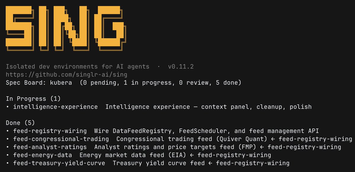 uday_sail's tweet photo. Works pretty well! We've been using BDD/spec-driven development for our client projects. Brainstorm the spec during the day with the agent, "sing dispatch" at night/day, review the PR in the morning, or have another agent review the PR.

sing snapshots the container, and launches the agent. Agent picks the next ready spec, creates a branch, and gets going. The spec board tracks what's done, what's in progress, and what depends on what. The agent is working through the queue.

And we extended Zed to monitor through the IDE.
