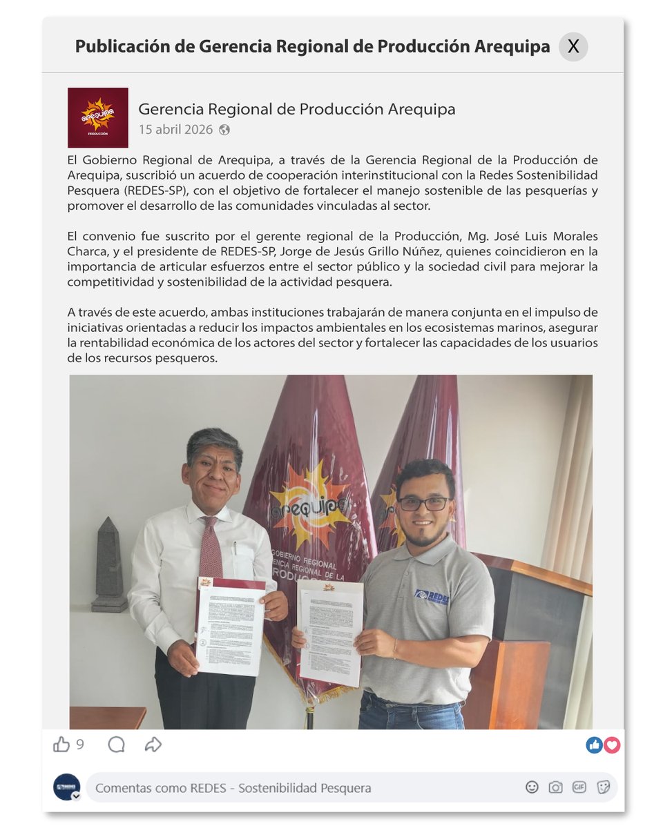 Redes_SP's tweet photo. Con el fin de apoyar a la Gerencia Regional de Producción Arequipa en sus esfuerzos para la conservación y aprovechamiento sostenible de pesquerías costeras en la región, suscribimos un Acuerdo de Colaboración formalizando los esfuerzos de asistencia técnica y trabajo articulado. https://t.co/fdW5tSuNo6
