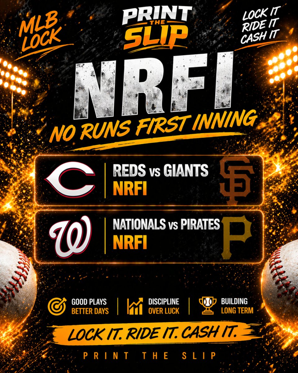 PrintTheSlip's tweet image. Lunch Time Slip 🥪

Reds vs Giants | NRFI - 135 |  
Pirates vs Nationals | NRFI - 125 | 

 #MLB #Betting #Winner