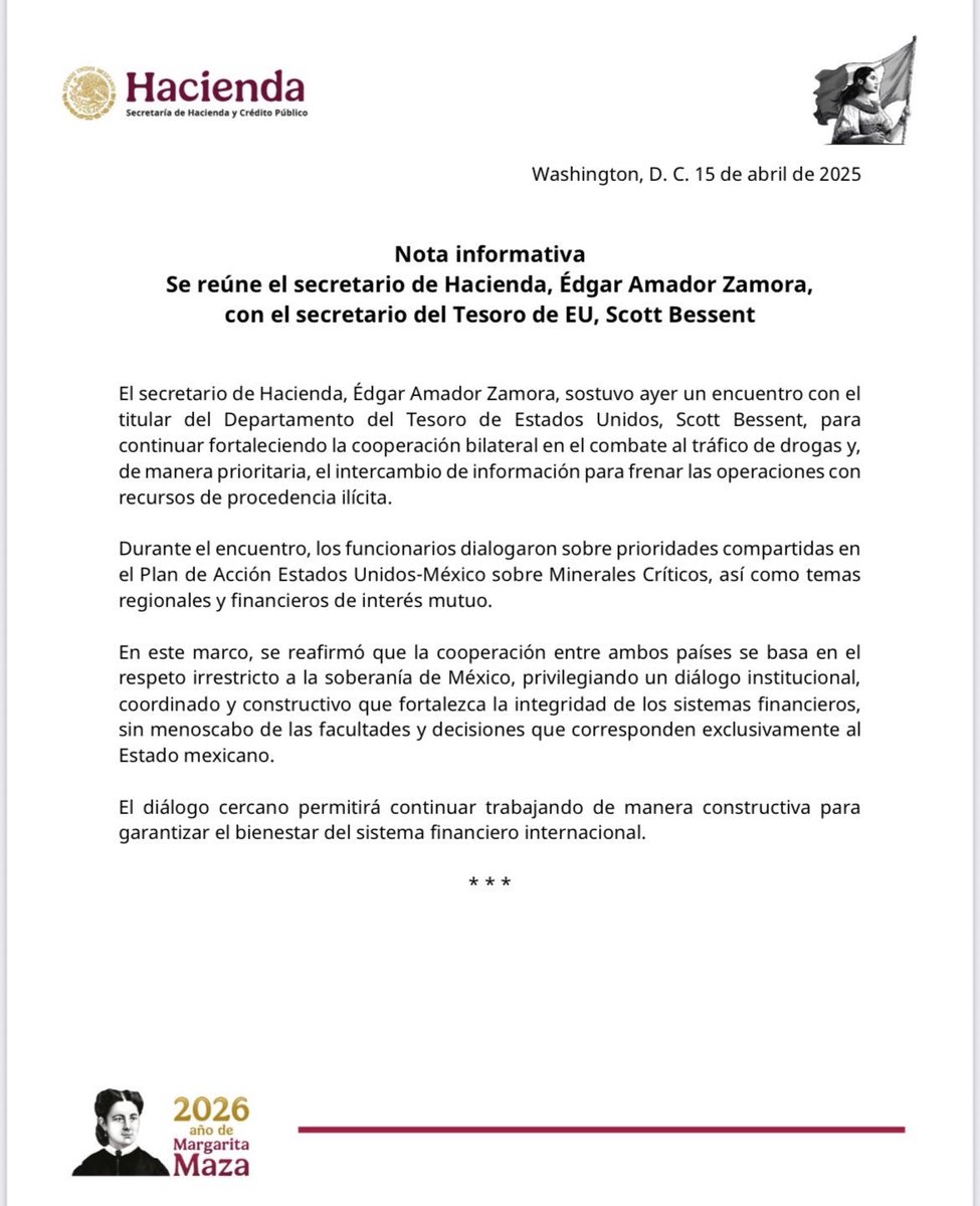 sergiofimbres's tweet image. El secretario de @Hacienda_Mexico , Édgar Amador, se reunió con #ScottBessent para fortalecer la cooperación financiera; acordaron mantener coordinación bilateral con respeto a la autonomía de México.