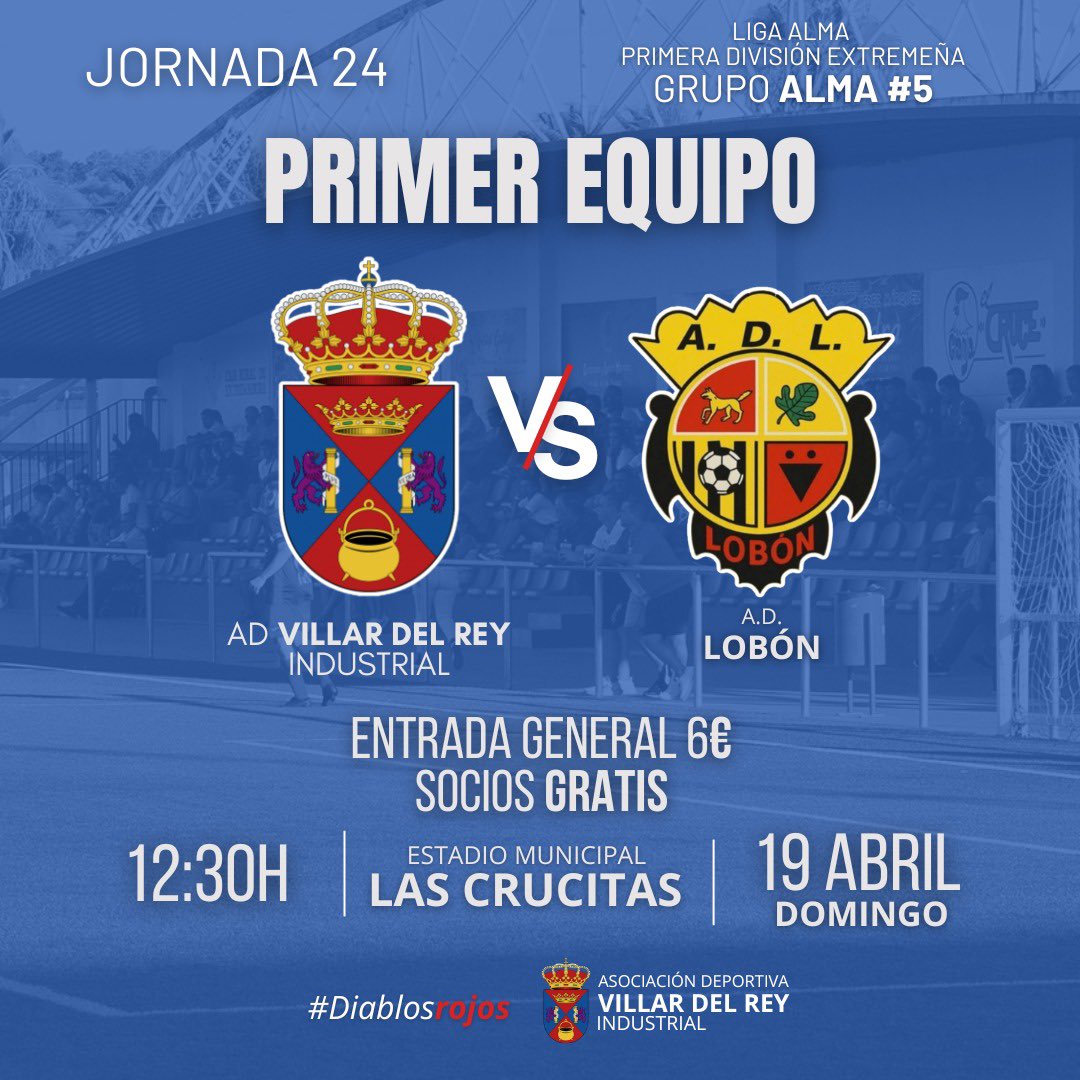 AD_VillardelRey's tweet photo. 🏆 Jornada 24 de Liga 

🆚 A.D Lobon 

📆 19 de Abril 

⌚ 12:30 H 

🏟️ Estadio Municipal Las Crucitas 

🎫 Entrada: 6€ 

👦 Hasta 15 años gratis 

🎟️ Socios : Gratis https://t.co/HAO6tfeTAB