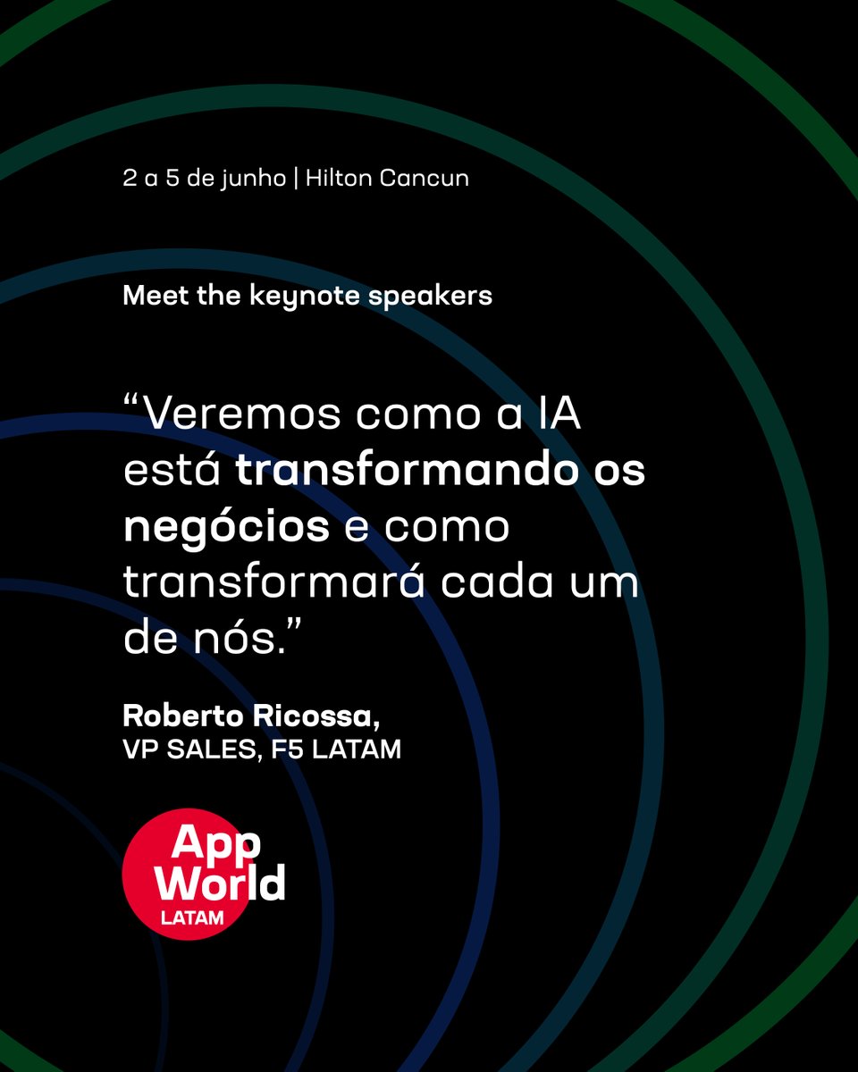 F5_latam's tweet photo. 🔔 Roberto Ricossa, VP Sales de F5 LATAM, estará en AppWorld LATAM 2026 con una mirada directa sobre IA, cloud y seguridad.

📅 2 al 5 de junio
📍 Hilton Cancún

👉 Regístrese en: https://t.co/Z0a2CHxjz7

Meet the moment.

#AppWorldLATAM #F5LATAM #ApplicationSecurity https://t.co/LePB9wapJK