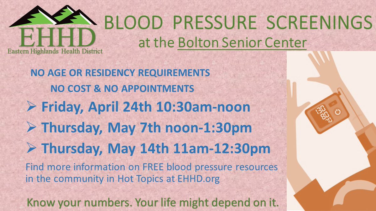We will be in Bolton starting next week for blood pressure screenings. Stop by and know your numbers!