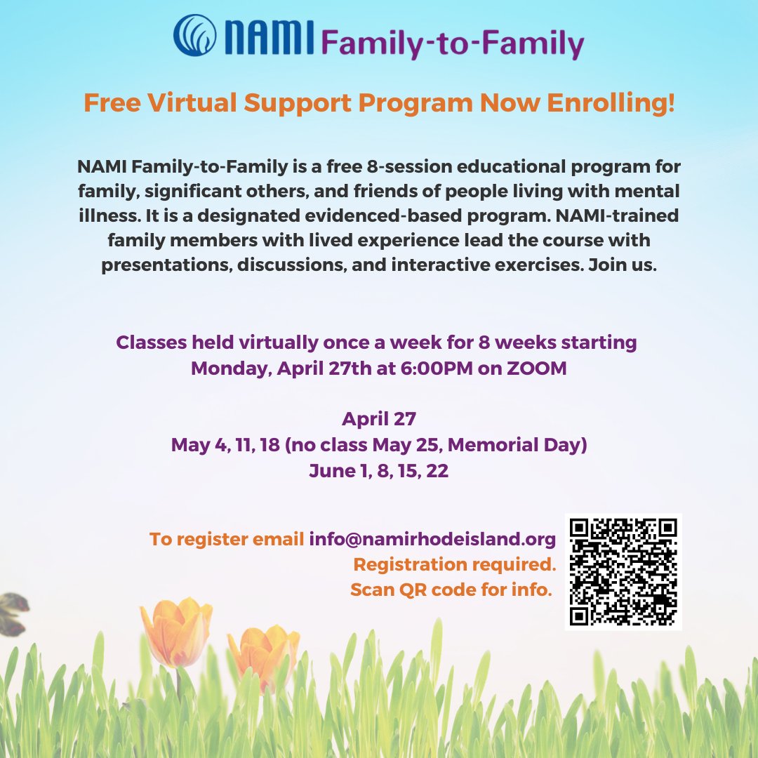 NAMInRI's tweet image. Are you a family member or friend of a loved one living with a mental illness? Join us! Registration is required. Email info@namirhodeisland.org for more info and to register. You are not alone. #mentalhealthsupport #familysupport #peersupport