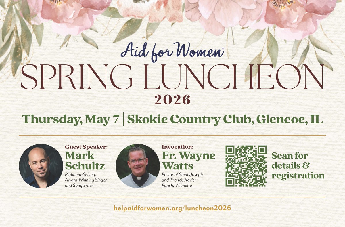 AidforWomen's tweet photo. TICKETS ARE GOING FAST to Aid for Women’s 2026 Spring Luncheon, to be held Thursday, May 7 at the Skokie Country Club in Glencoe. A very special program is planned, featuring Platinum-award winning artist Mark Schultz who will share his powerful personal story. Scan the QR code or visit our website (https://t.co/XWaU60fR7X) to learn more and register today.

Also, we extend warmest thanks to The Pillar Podcast (https://t.co/oxTMAJs2RQ) for featuring Aid for Women on their recent LIVE broadcast from the Nisei Lounge in Chicago. Hosts JD Flynn and Ed. Condon interviewed Faith Cintron, our Maternity Home Manager, and invited the audience to support our work.

Faith described the transformation many women experience after living in one of our two maternity homes. She said, “Our objective is to help a woman in a crisis pregnancy in her decision-making and extend that care in our maternity homes, as needed where we provide everything: material goods, support for spiritual well-being and emotional care before and after she welcomes her baby into the world. We have a network of professionals who assist us and, through it all, we have this beautiful experience of getting to know a woman, her children and her family, and help her remember who she is as a daughter of God. These women sometimes come from a place of genuine terror: they are homeless, living on the blue line…all sorts of stories, and it is a gift to watch them grow. I have one mom who is now an attorney practicing family law! The generosity of our donors makes this all possible. People’s generosity and people’s prayers sustain us.”

Later in the evening, a young man named Jack came up to say hello to Faith. He shared that he had just been accepted into the seminary, and that he drove eight hours to get to this Pillar event. Jack said, “I’ve been carrying around a $100 bill waiting for God to let me know where it should go.” He handed it to Faith as a donation to Aid for Women.

Learn more at https://t.co/wJyJ7RxfXO.