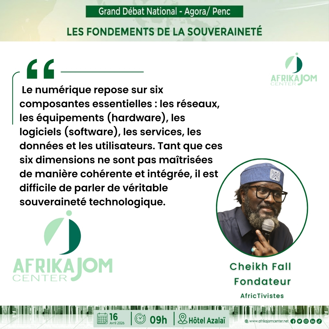 AfrikajomCenter's tweet photo. Agora/PENC | « Les fondements de la souveraineté »
🎙️ Panel 3

📍Intervention : Cheikh Fall – Souveraineté technologique et numérique

Dans son intervention, le président de AfricTivistes rappelle que le numérique repose sur six composantes essentielles : les réseaux, les équipements, les logiciels, les services, les données et les utilisateurs.

Selon lui, une véritable souveraineté technologique ne peut exister sans une maîtrise cohérente et intégrée de ces différents piliers. Développer localement les infrastructures, renforcer les compétences, produire des solutions adaptées et contrôler les données deviennent ainsi des conditions indispensables pour construire une souveraineté sécurisée et durable.

Une approche qui met en évidence l’importance stratégique du numérique dans les enjeux contemporains de gouvernance, d’autonomie et de développement.

🎥 Suivez l'événement en direct : https://t.co/IC7frmMLSQ

#AgoraPENC #Souverainete #Afrique #Technologie #Numerique #Gouvernance #DebatPublic