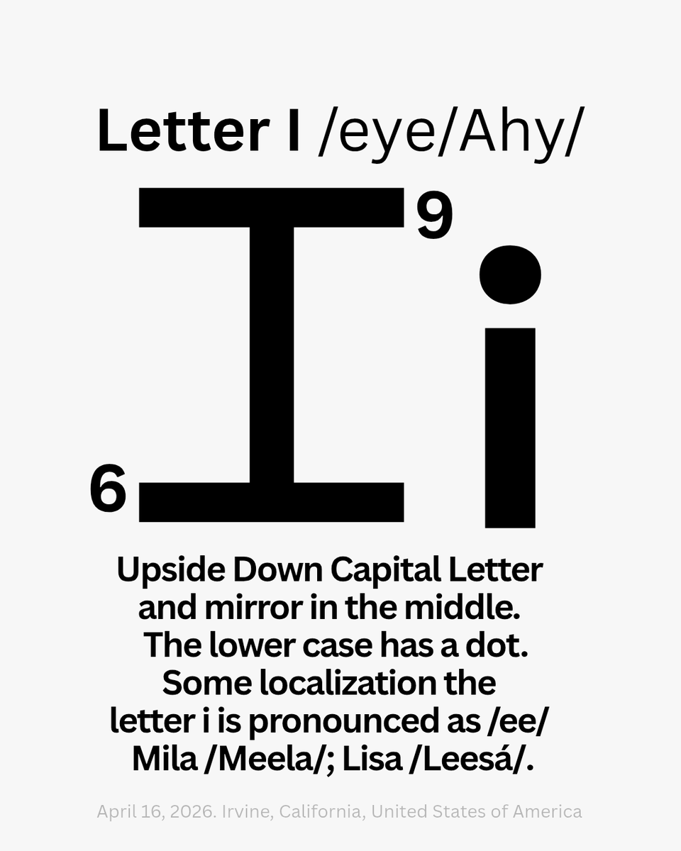 NewLight83's tweet image. The Letter I, /eye/Ahy/

Upside Down Capital Letter 
and mirror in the middle. 
The lower case has a dot.
Some localization the 
letter i is pronounced as /ee/ 
Mila /Meela/; Lisa /Leesá/.

#sixtynine #Upsidedown #eye #Cyclop #oneeye
