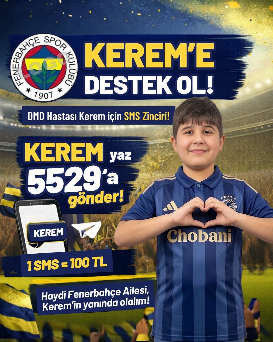 n_limm007's tweet photo. 💛💙 FENERBAHÇE TARAFTARLARINA ÇAĞRI 💛💙

11 yaşındaki Kerem Yapıcı, Duchenne Musküler Distrofi (DMD) ile mücadele ediyor. Tedavi sürecine destek olmak için hep birlikte küçük ama anlamlı bir katkı sağlayabiliriz.

📩 Destek olmak için:  
KEREM yazıp 5529’a SMS gönderin.

📸 Gönderim sonrası ekran görüntüsünü  
@n_limm007 ya da @dmd_kerem hesaplarına iletebilirsiniz.

Unutmayın, atılan her mesaj Kerem’in umudunu büyütüyor. Birlikte daha güçlüyüz.
💛💙