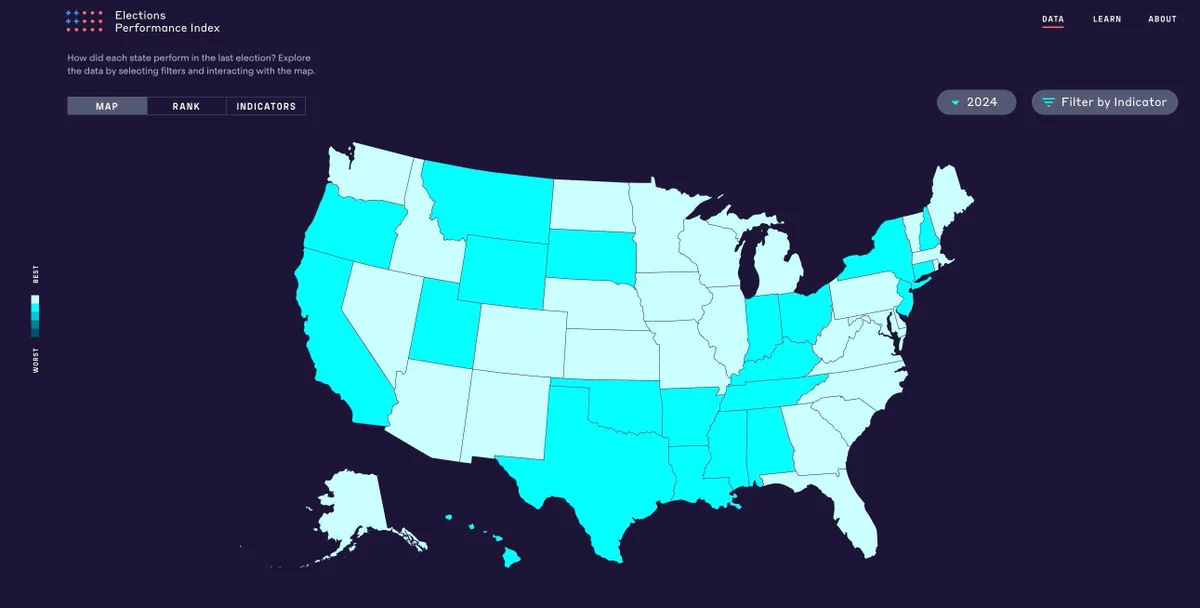 Multicolored blue map of the United States reflecting EPI indicators. 