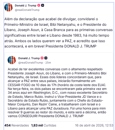 OprOpressor's tweet photo. 🚨 BREAKING: Trump afirma que Líbano e Israel chegaram a um acordo de cessar-fogo de 10 dias.

#breakingnews #donaldtrump #IranWar‌ #israel #eua https://t.co/EnHaDxfw93