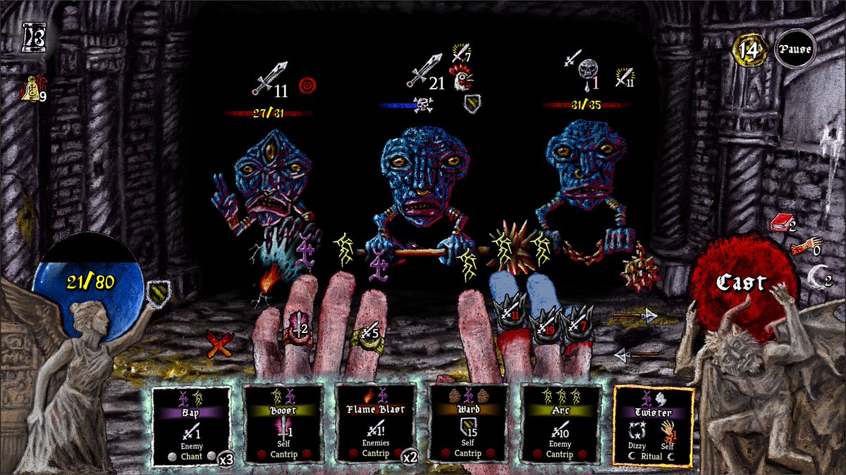 Siege__Wizard's tweet image. Pluto

A roguelike deckbuilder where you cast elemental spells, outwit monstrous foes, and escape prison on your way to your niece’s birthday party.

The game is being continually worked on and we thank players for their patience!

#darkfantasy #fantasygame #darkart #indiegame