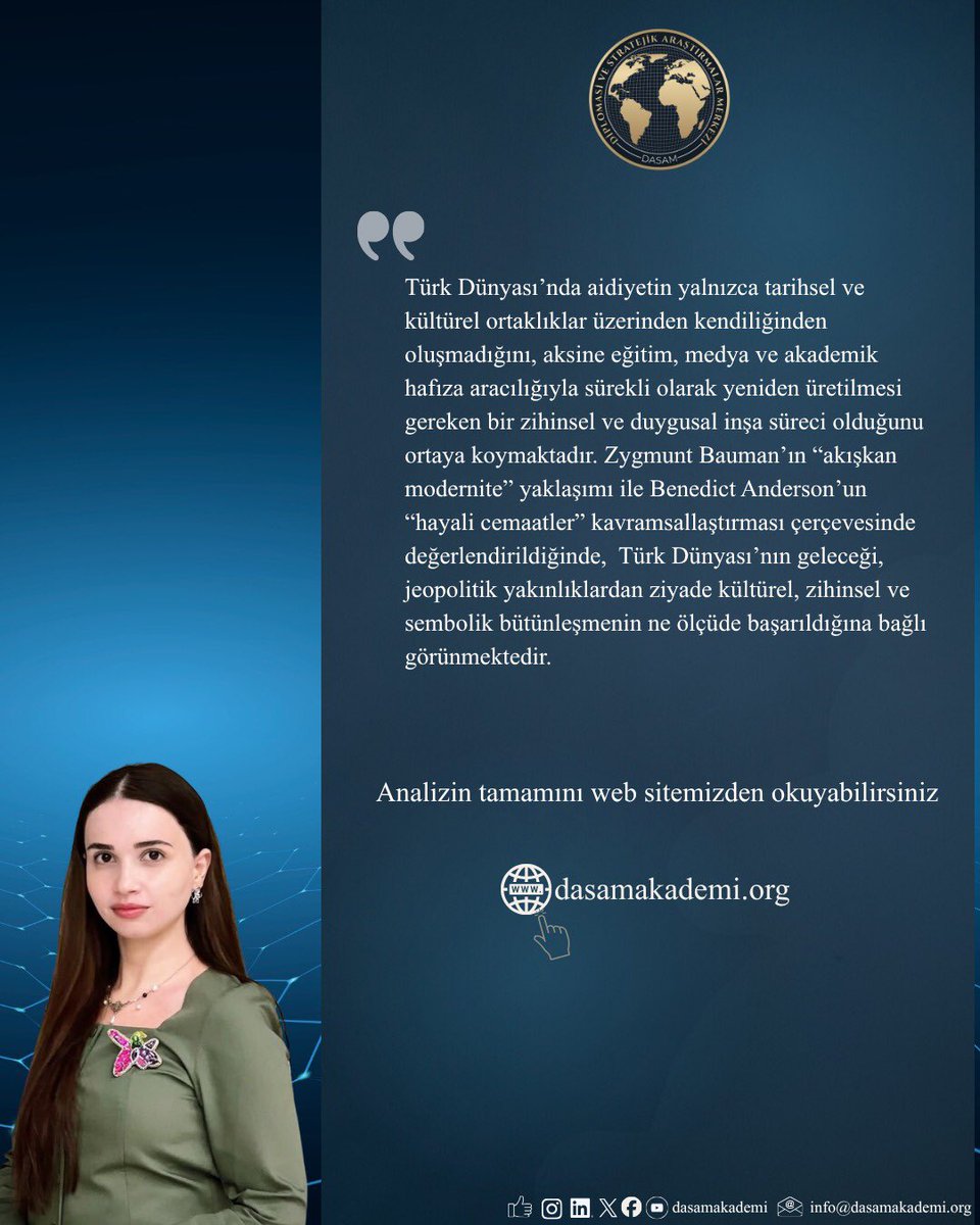 dasamakademi's tweet photo. 📘 #Analiz “Kolektif Hafıza, Medya ve Türk Dünyasında Aidiyet”
🖋️ Akademisyen Sabina Mammadova kaleme aldı.
👉 Analizi okumak için; 🔗 https://t.co/PIyojcCqBy
#DASAM #TürkDünyası #TürkDevletleriTeşkilatı #KollektifHazıfa https://t.co/42ltNqWcVH