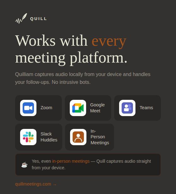 quillmeetings's tweet image. Most meeting tools force a bot into your call.
Quill doesn't.

Quilliam captures audio locally from your device. No bot joins. 

Works with Zoom, Google Meet, Teams, Slack Huddles, etc, and in-person meetings too.
Try it: quillmeetings.com

#MeetingNotes #ProductivityTools