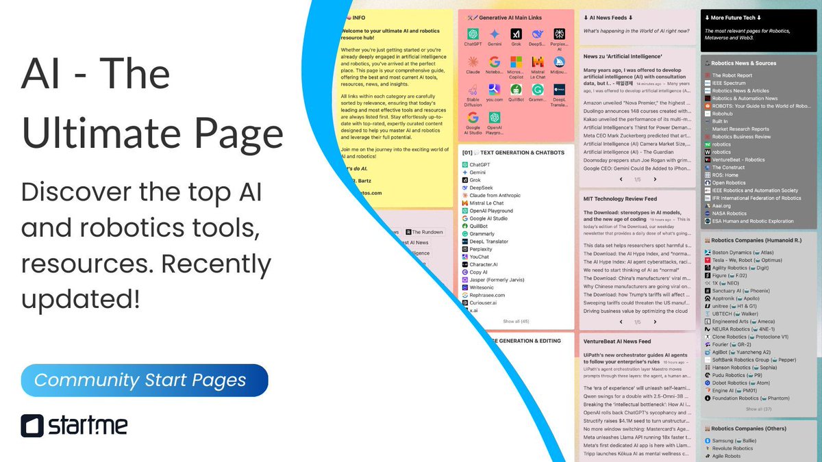 AI tools. Robotics resources. Fresh news in one place.
Trying to keep up without opening 20 tabs first?
start.me/p/gG0PjJ/ai-th…

#AI #Robotics