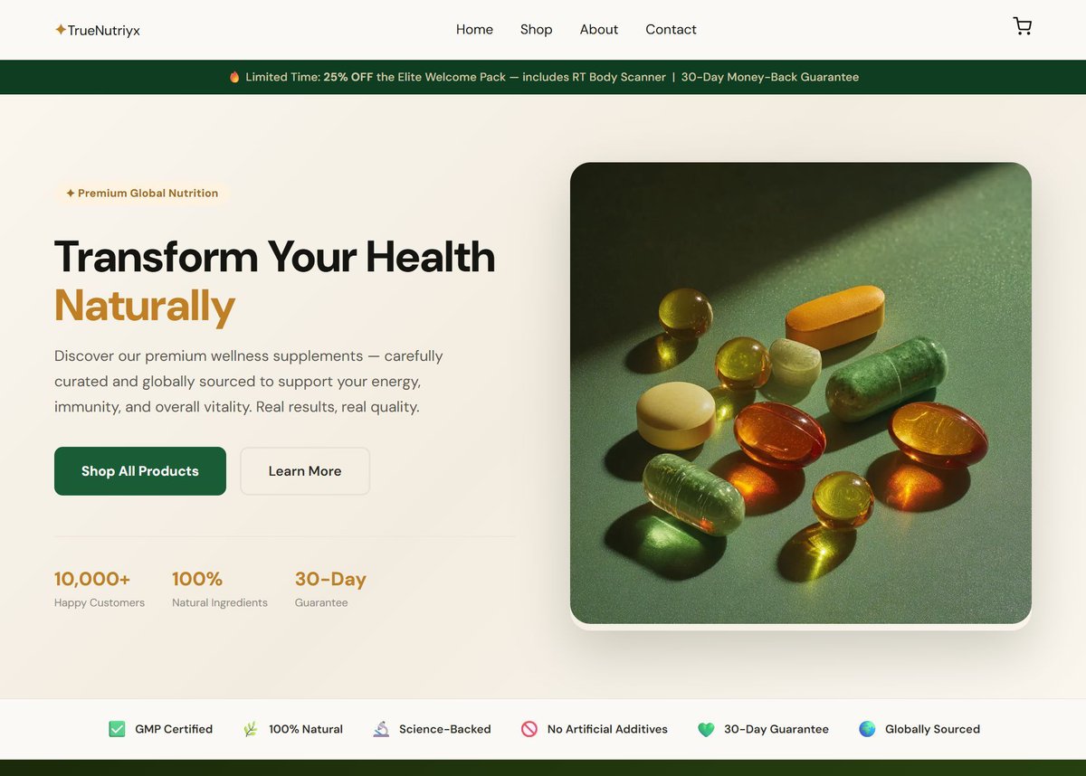 WebBuilders_USA's tweet image. Finished this e-commerce website for TrueNutriyx ✨ — clean, modern, product-focused, and built to create a smooth shopping experience 💚🌿 

🌐 truenutriyx.com

#WebDesign #EcommerceDesign #UIDesign