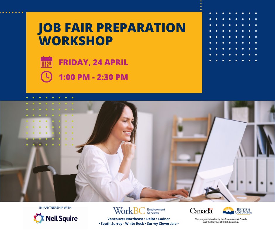 WorkBCSSWR's tweet photo. We are proud to once again be partnering with Neil Squire to bring you the best strategies for navigating a job fair! Created specifically for People With Disabilities, we're here to give you the confidence you need too succeed!

REGISTER TODAY! https://t.co/3dgZCxnKc1 https://t.co/S6NJtxozCG
