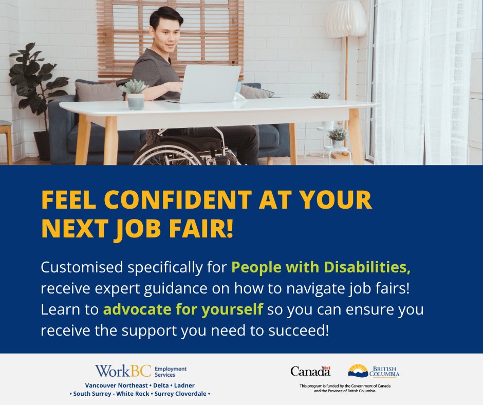 WorkBCSSWR's tweet photo. We are proud to once again be partnering with Neil Squire to bring you the best strategies for navigating a job fair! Created specifically for People With Disabilities, we're here to give you the confidence you need too succeed!

REGISTER TODAY! https://t.co/3dgZCxnKc1 https://t.co/S6NJtxozCG