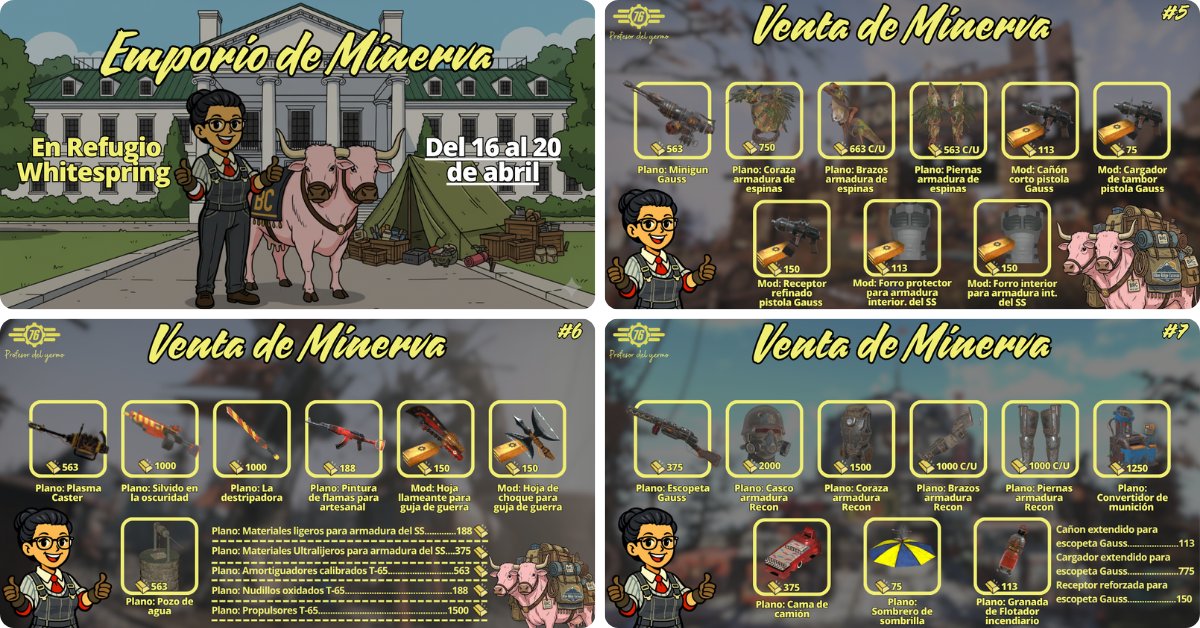 Profesordelyerm's tweet image. Minerva estará en el Refugio Whitespring del 16 al 20 de abril vendiendo algunos planos interesantes a cambio de lingotes de oro.
#Fallout76
#Bethesda
#falloutonprime⚡️
#profesordelyermo