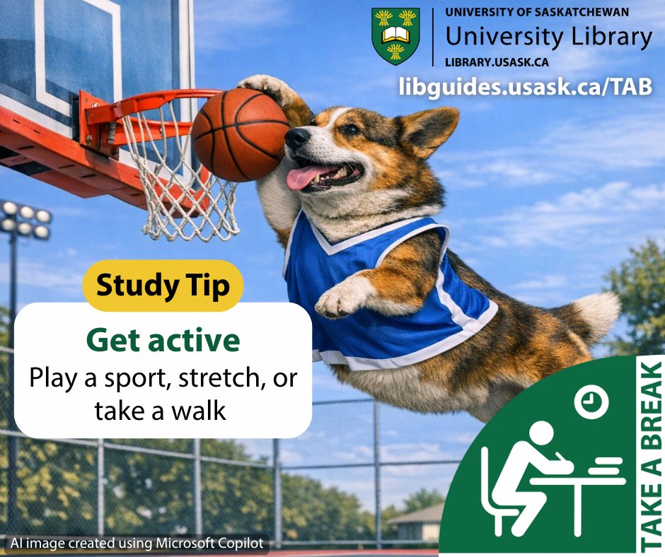 usasklibrary's tweet image. Study Tip: Refocus and reenergize by getting up and moving your body! Check out libguides.usask.ca/TAB for tips and resources to help you study and de-stress! #StudyTips #TakeABreak #FinalExams