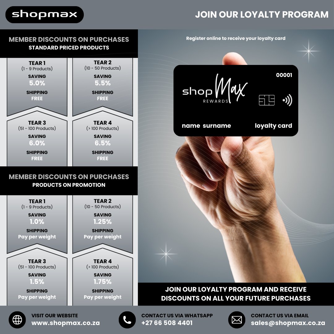 SHOPMAX6's tweet image. 💳 Stop paying full price.
With MAXREWARDS:
✔️ Save on every purchase
✔️ More buying = more savings
✔️ One signup, ongoing benefits
👉 Join now:
shopmax.co.za/max_rewards_me…
#MaxRewards #ShopSmart #SaveMore #Shopmax #DealsSA