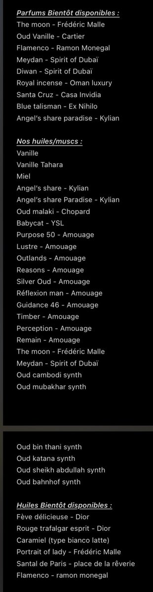 Liste des parfums/huiles :