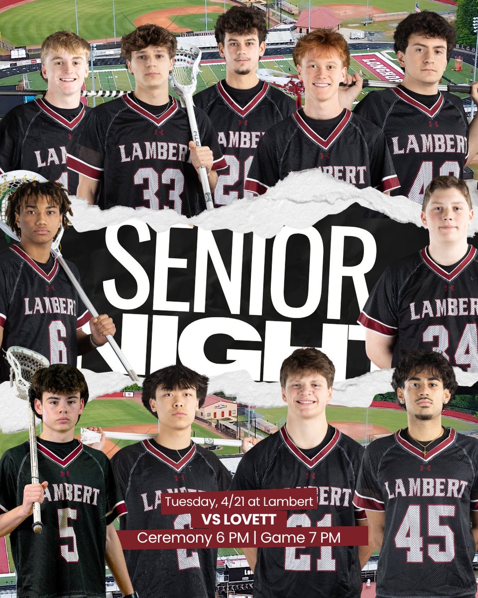 hornlacrosse's tweet photo. SENIOR NIGHT TUESDAY 4/21

Join us as we celebrate our seniors and their families!

📍 The Horn (Lambert High School)
⏰ Senior Recognition: 6:00 PM (parents on field by 5:30 PM)
🥍 Game: Lambert vs. Lovett — 7:00 PM

Let’s pack the stands and show up for our seniors! https://t.co/PfMIdh5osQ