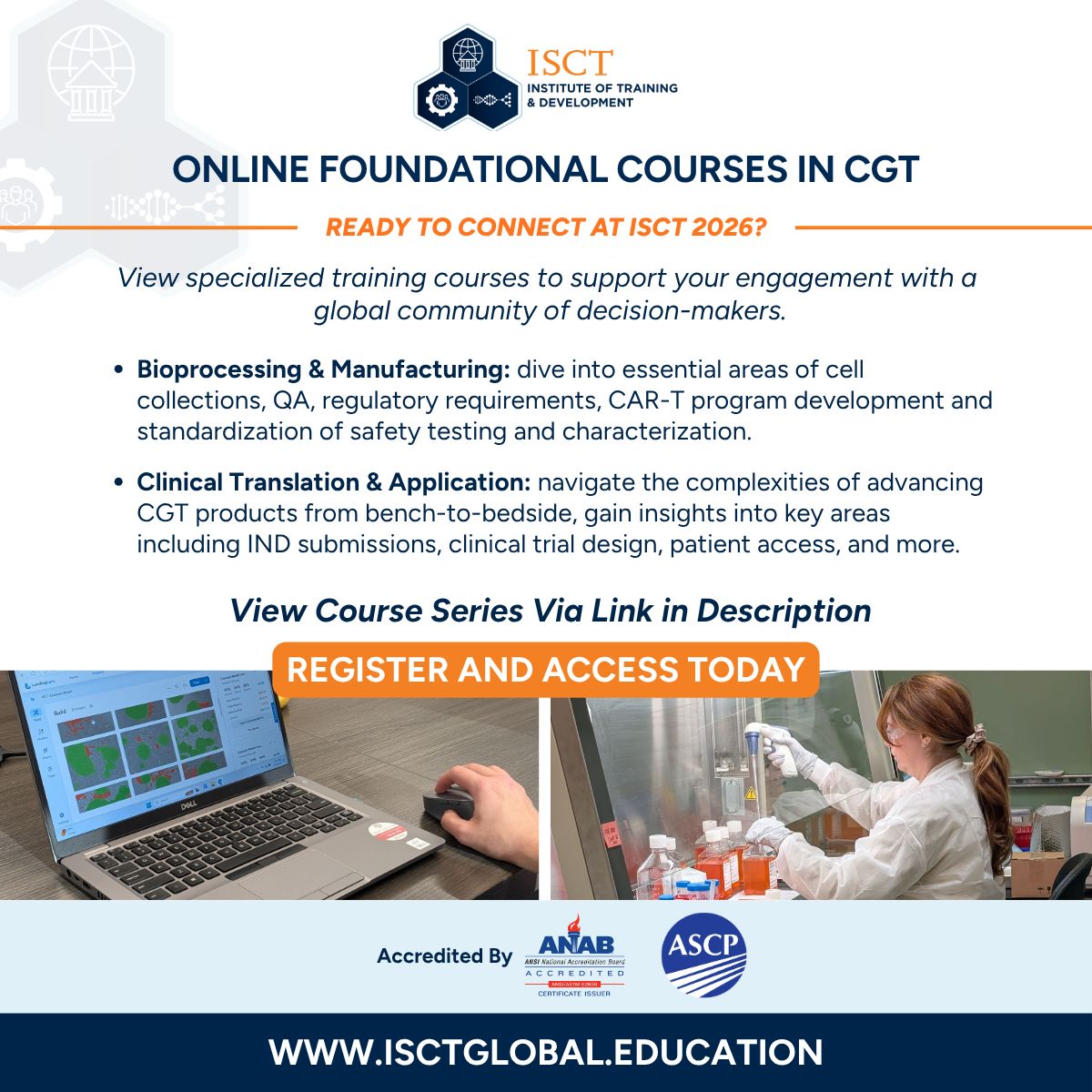 ISCTglobal's tweet photo. Check out our curated training courses to sharpen your CGT expertise before ISCT 2026. 

Cell Therapy Manufacturing series: https://t.co/IblDYM0baf 

ISCT Clinical Cell Therapy Leadership Micro Course: https://t.co/dj9s95FtLT https://t.co/NcNKtPZYF1