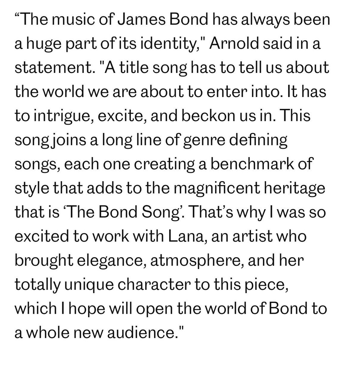 DelAcervo's tweet photo. David Arnold, vencedor do GRAMMY e produtor das soundtracks de James Bond, sobre Lana Del Rey:

“Lana, uma artista que trouxe elegância, atmosfera e sua personalidade totalmente única a esta obra, que espero que abra o universo de Bond para um público completamente novo.” https://t.co/ohVjOxbhHM