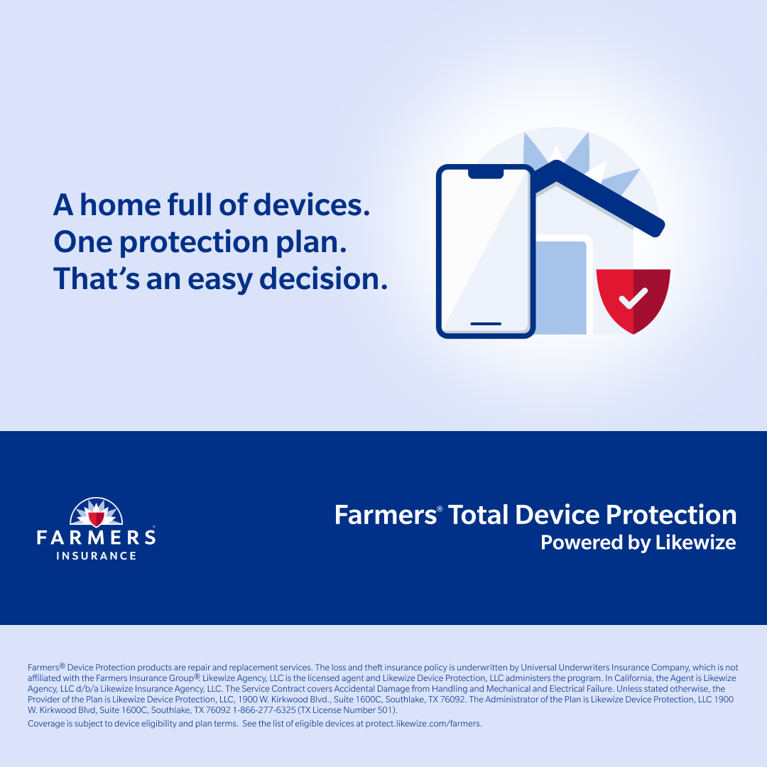 DMontgomeryIns's tweet photo. 📢 New! Protect Nearly All Your Home Electronics

Farmers® Total Device Protection is an easy, affordable way to protect your phones, tablets, TVs, laptops, and more in one plan for only $34.99 a month.

✔ Up to 4 mobile phones covered
✔ Accidental... https://t.co/q73AM3YDQY https://t.co/H9krjh0nLc