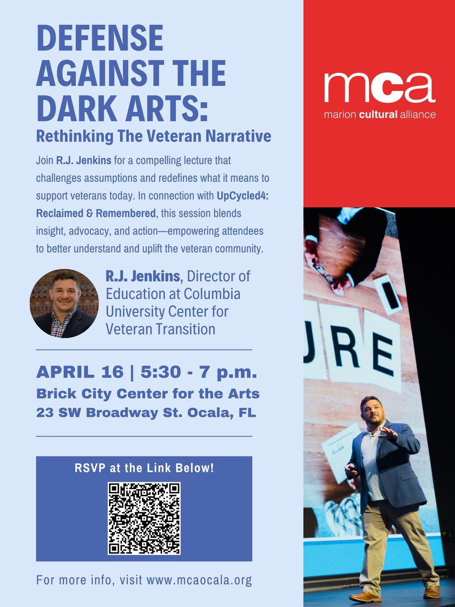 MCAocala's tweet photo. "Defense Against the Dark Arts" is not just a lecture; it’s a call to action! Join R.J. Jenkins THIS EVENING, April 16th at 5:30 PM, as he eliminates damaging misconceptions about veterans and shares how we can build a stronger culture of support. RSVP - https://t.co/9eazupqWLr https://t.co/w7Bbv8bX25