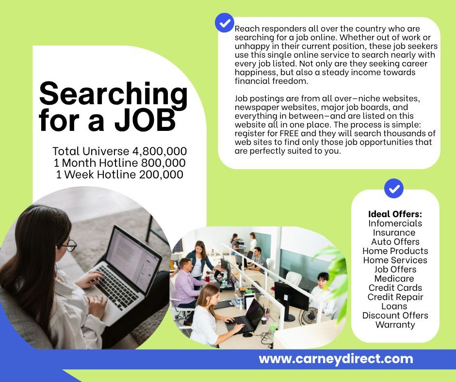 CarneyDirect's tweet image. * NEW TO MARKET*  Reach responders all over the country who are searching for a job online.  Whether out of work or unhappy in their current position, these job seekers use this single online service to search nearly with every job listed. #data #jobseekers #directmail #leads