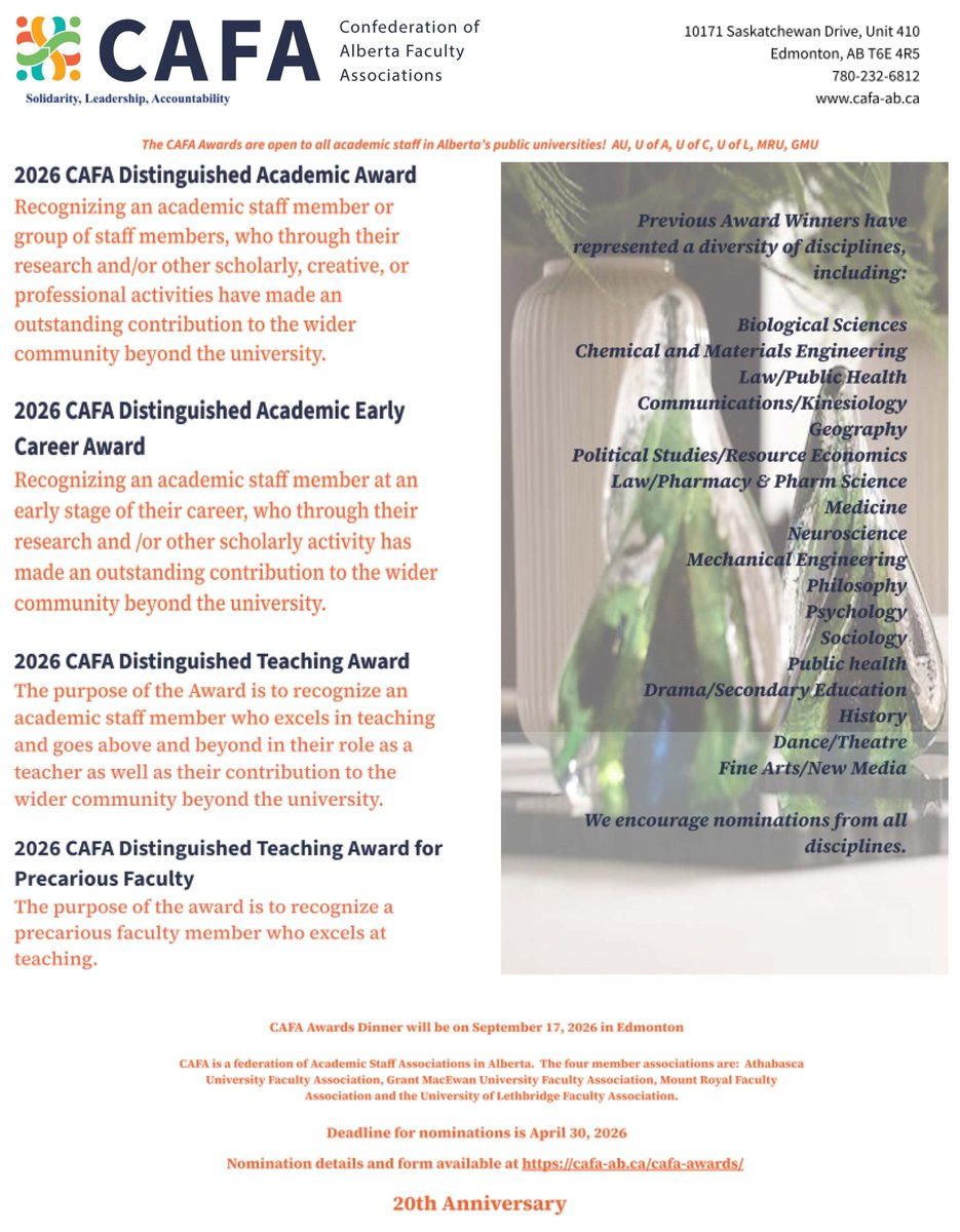 cafaab's tweet photo. CAFA Awards 2026 - 20th Anniversary - Nominations deadline April 30th! https://t.co/nB1Thgheio
@GMUFA
@MRUFaculty
@ULFAssociation
@UAlberta
@UCalgary
@TheAASUA
@tucfa https://t.co/lUxXVMhmEU